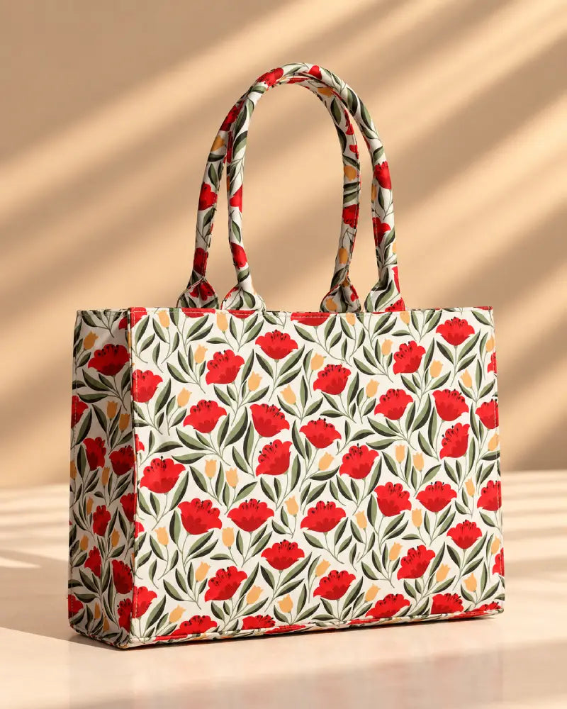 Red Floral Canvas Tote Bag for Women
