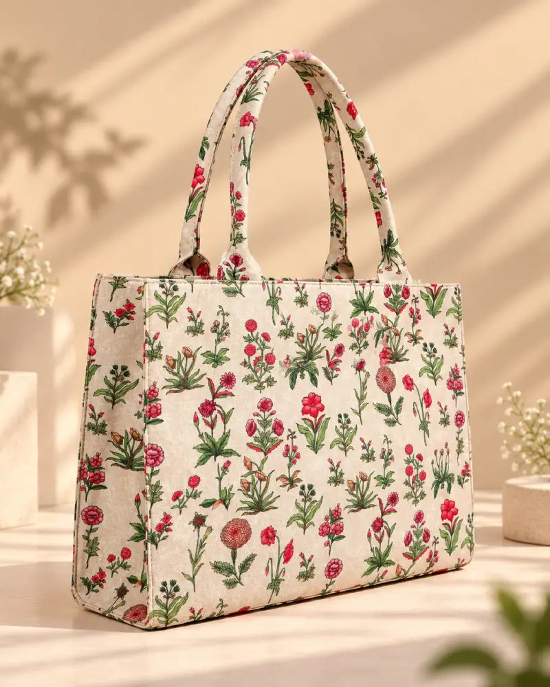 Premium Floral Canvas Tote Bag for Women – Cream & Pink