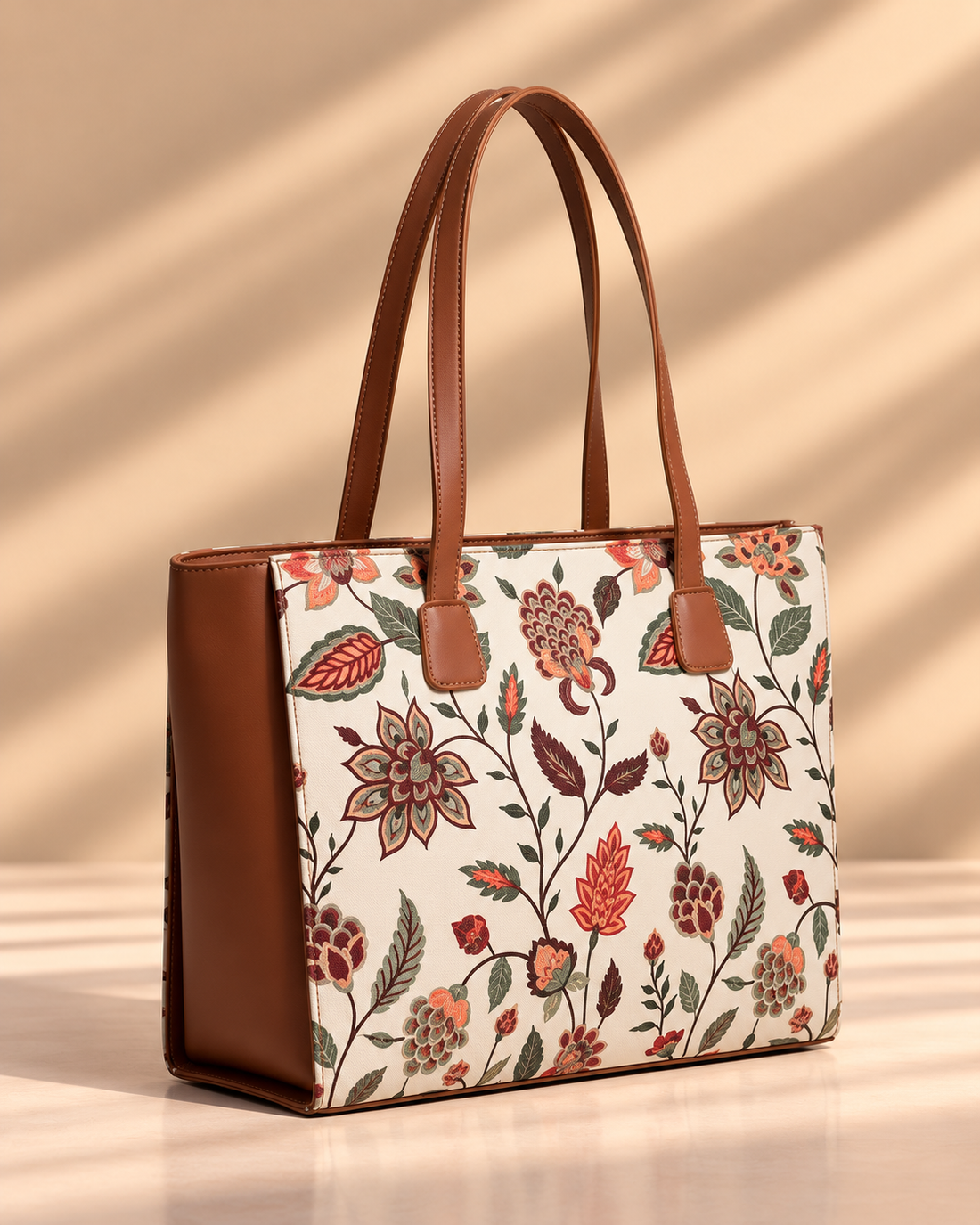 Floral Canvas Tote Bag for Women – Cream & Brown