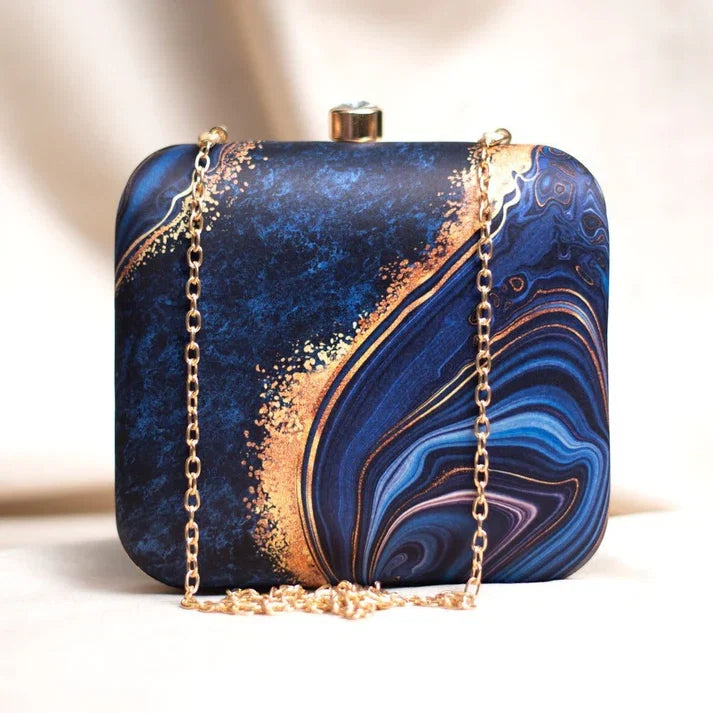 Avenza Official Blue Gold Printed Handmade Clutch with Detachable Chain
