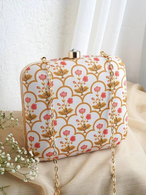 Avenza Official Golden Mughal Printed Handmade Clutch with Detachable Chain
