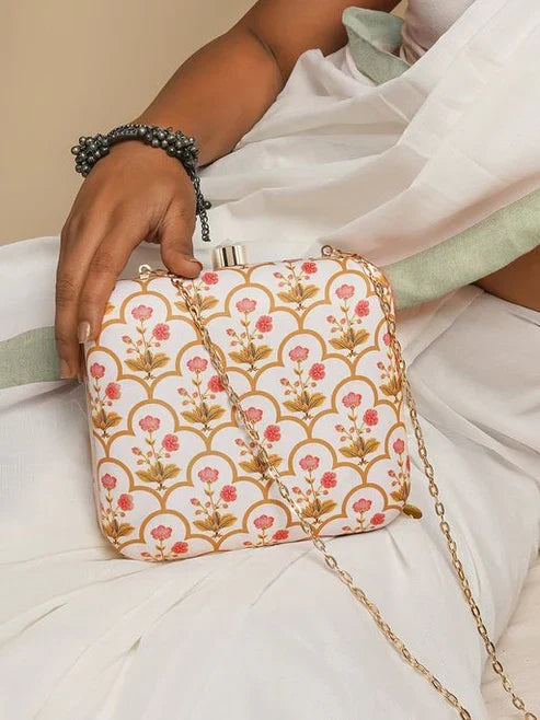 Avenza Official Golden Mughal Printed Handmade Clutch with Detachable Chain