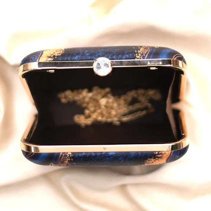 Avenza Official Blue Gold Printed Handmade Clutch with Detachable Chain