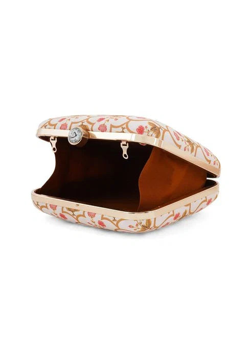 Avenza Official Golden Mughal Printed Handmade Clutch with Detachable Chain