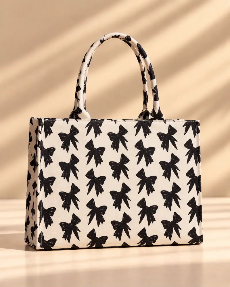 Premium Black Bow Printed Canvas Tote Bag for Women